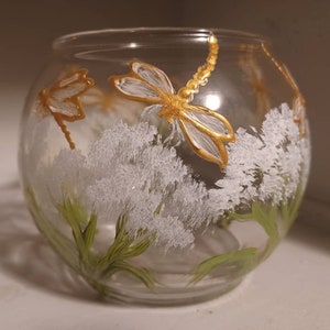 dragonflies with a little foliage hand painted candle holder glass 4x5"