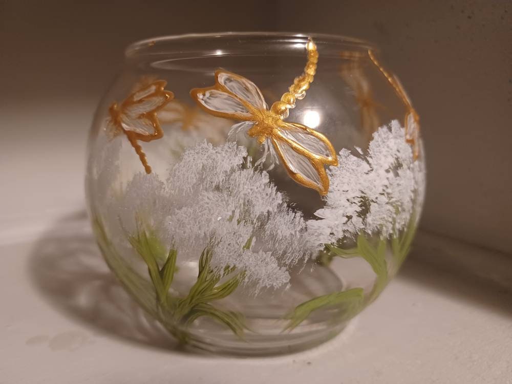 dragonflies with a little foliage hand painted candle holder glass 4x5" - Image 1