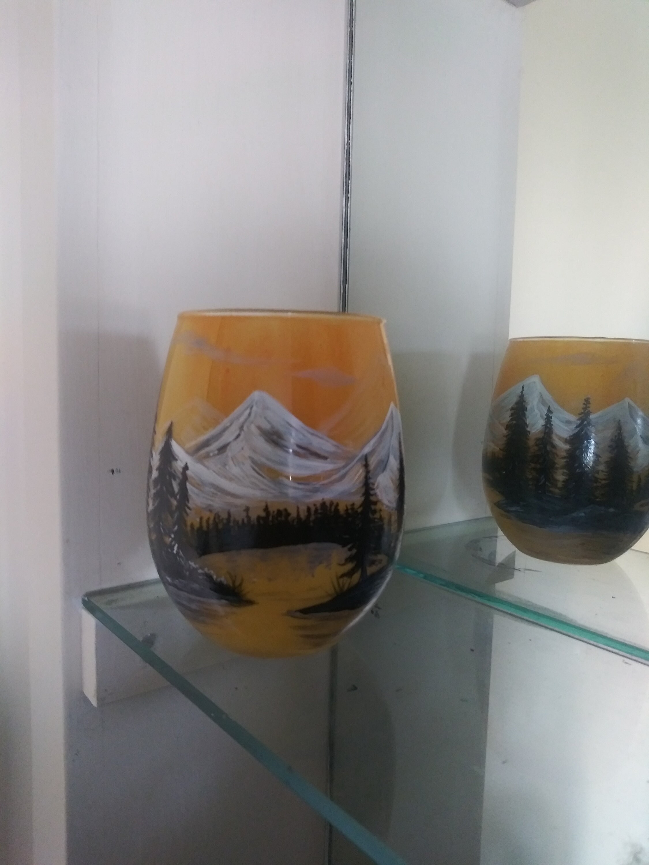 Hand Painted Mountain Lake Sunset Glass Candle Holder - Thumbnail 3