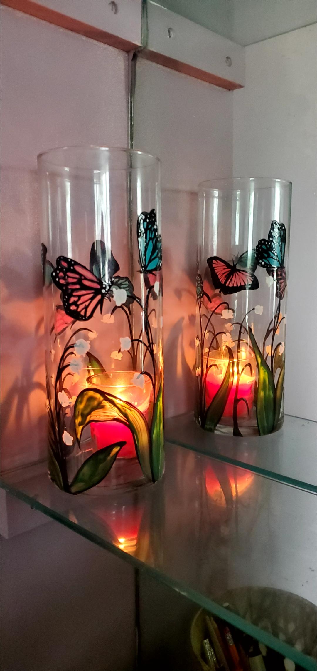 Hand Painted Butterfly & Lily of the Valley Glass Candle Holder (3x9") - Thumbnail 7