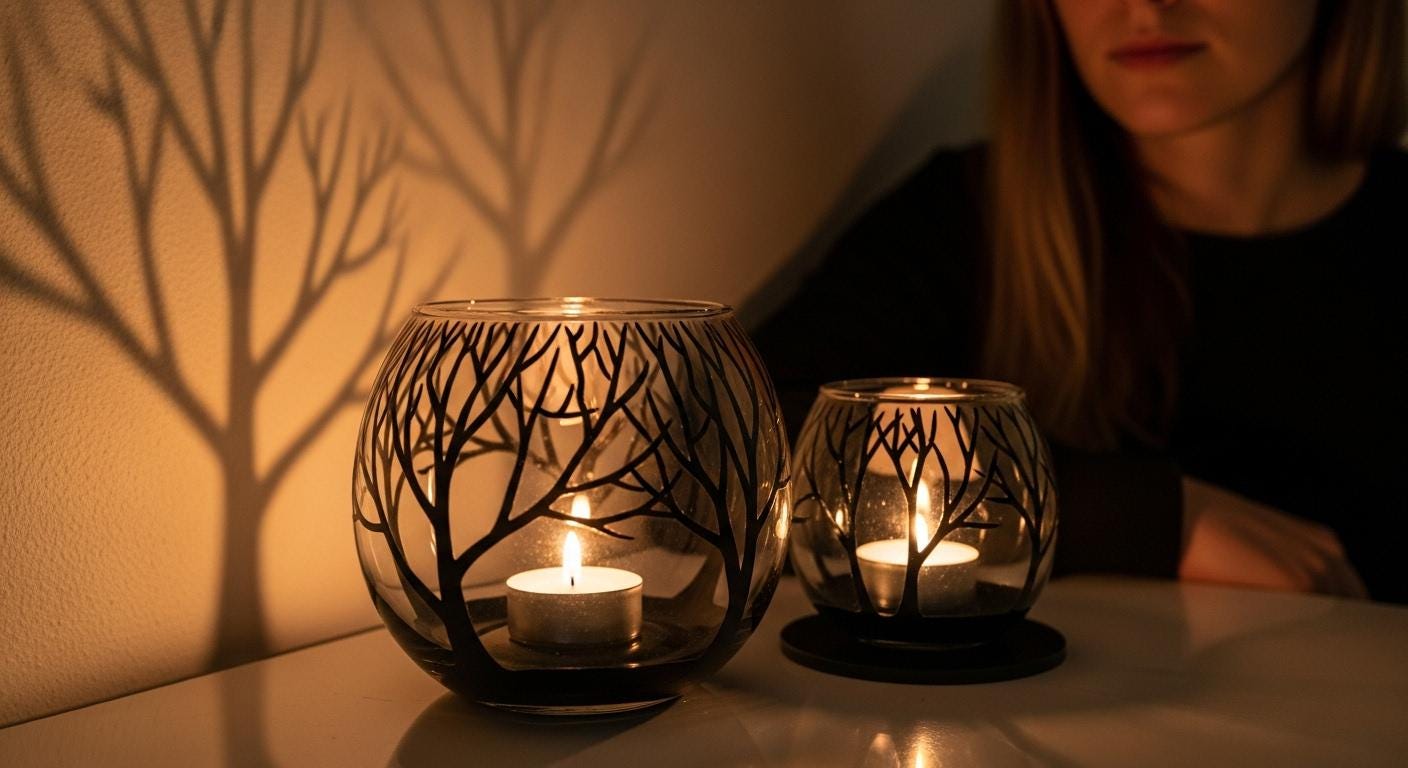 Hand Painted Tree Glass Candle Holder Vase - Black Silhouette
