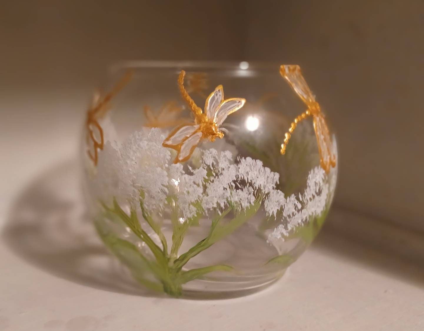 dragonflies with a little foliage hand painted candle holder glass 4x5" - Thumbnail 5