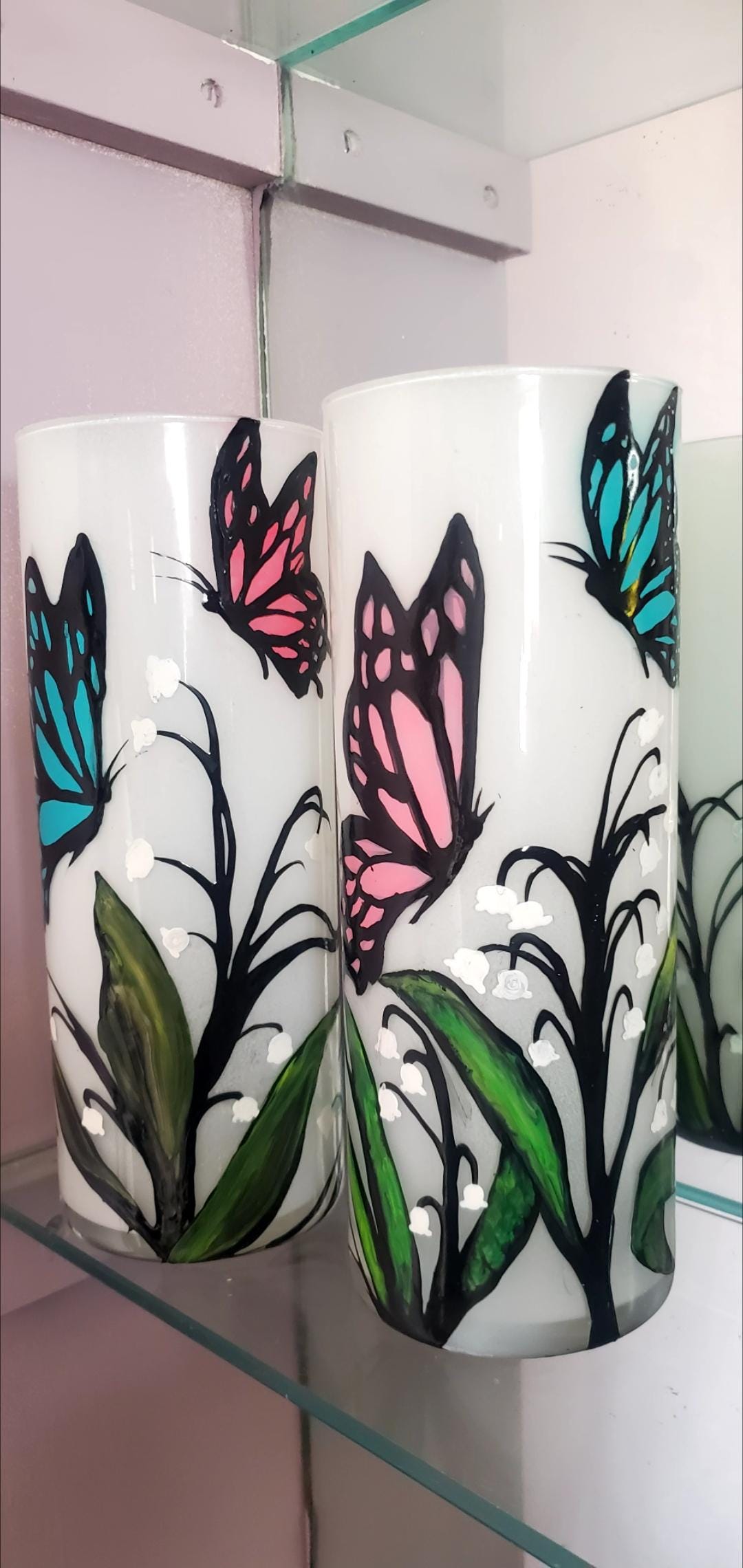 Hand Painted Butterfly & Lily Candle Holder Set: Cylinder Glass Gift - Thumbnail 7