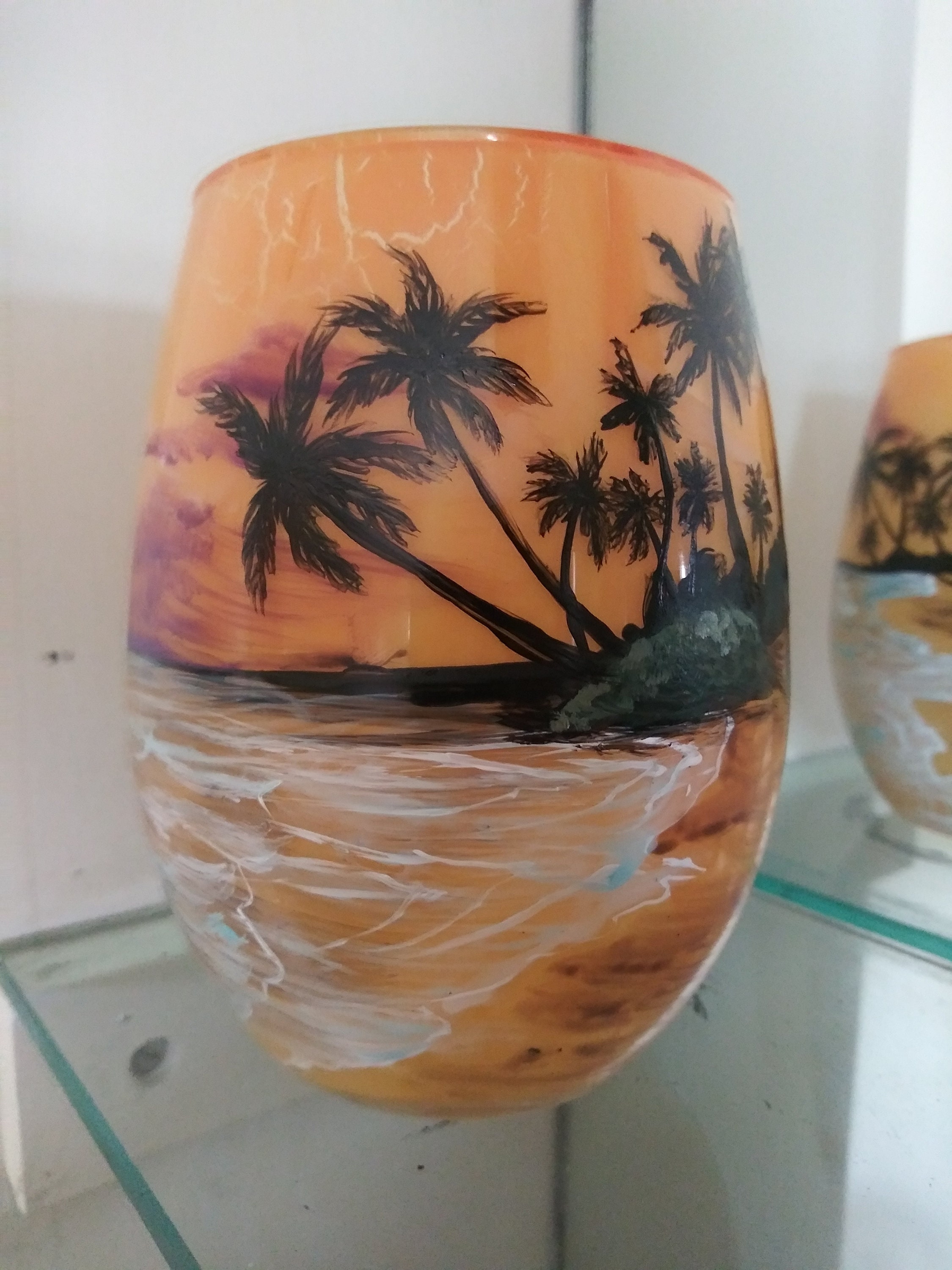 Island beach hand painted candle holder sunset colors palm Etsy