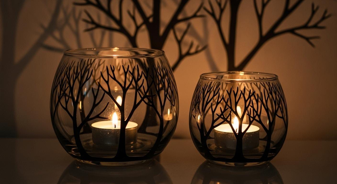 Hand Painted Tree Glass Candle Holder Vase - Black Silhouette - Thumbnail 5