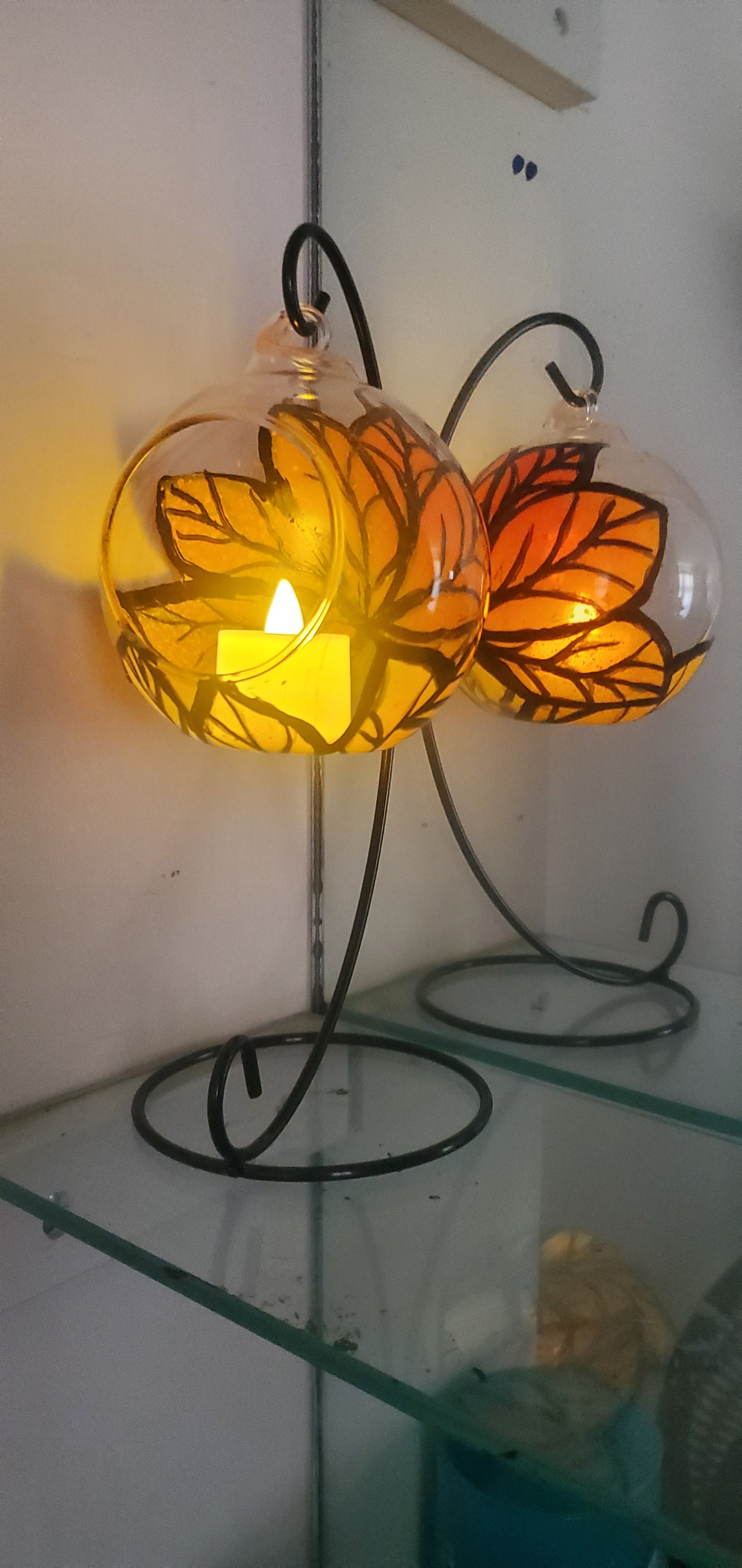 Orange leave fall hand painted candle holder
