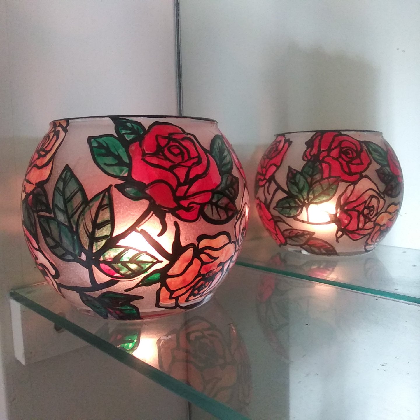 Hand Painted Red Rose Candle Holder: Tea Light & Dinner Light (4x4") - Thumbnail 4