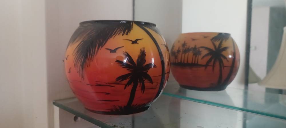Sunset color beach hand painted candle holder, palm trees - Thumbnail 6