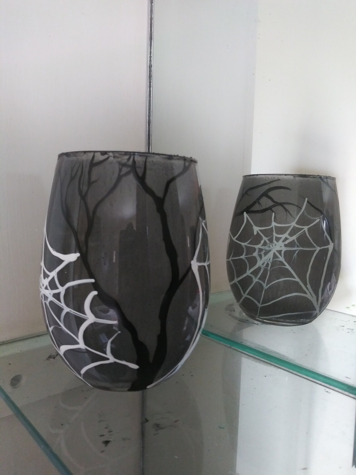 Spider Web and Trees Black Candle Holder Hand Painted in Glass Etsy