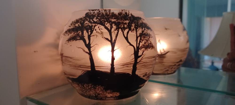 Beach and Monterey cyprus trees hand painted candle holder 4"x5" - Thumbnail 2