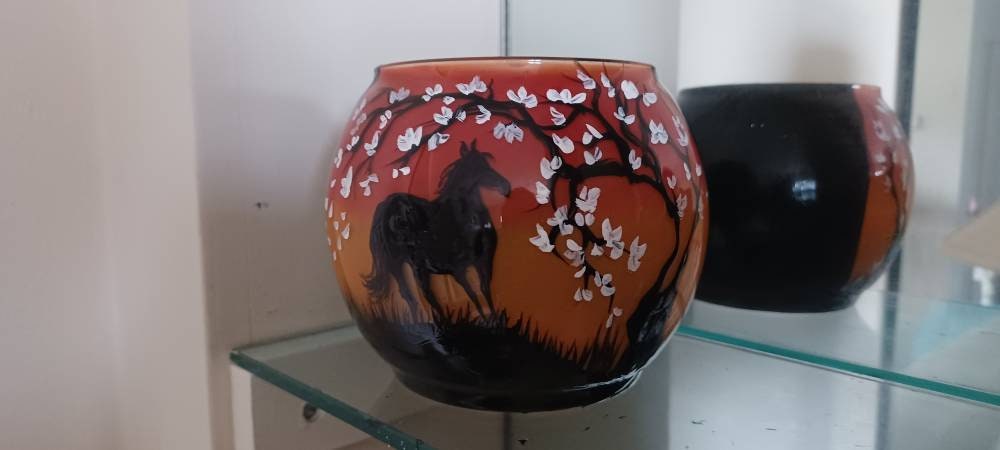 Horse and white cherry blossom tree with sunset hand painted candle holder - Thumbnail 2