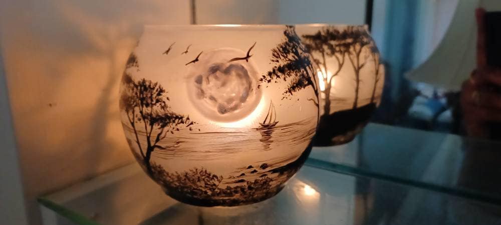 Beach and Monterey cyprus trees hand painted candle holder 4"x5"