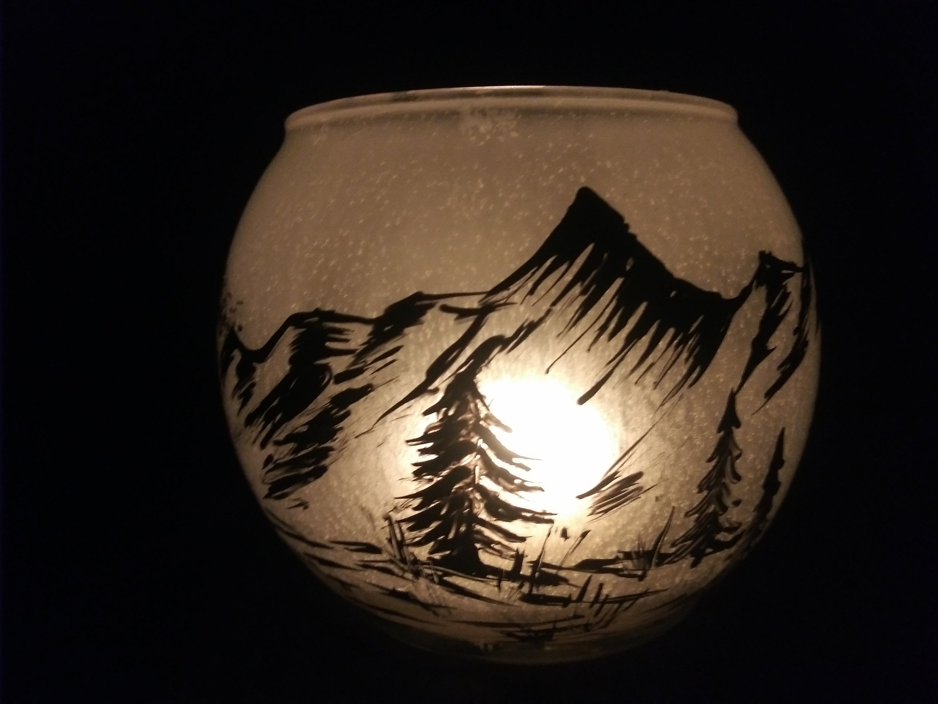 Hand Painted Bear Landscape Glass Candle Holder (4x5) - Thumbnail 3