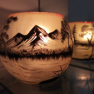 Mountain landscape and trees hand painted candle holder sunset color