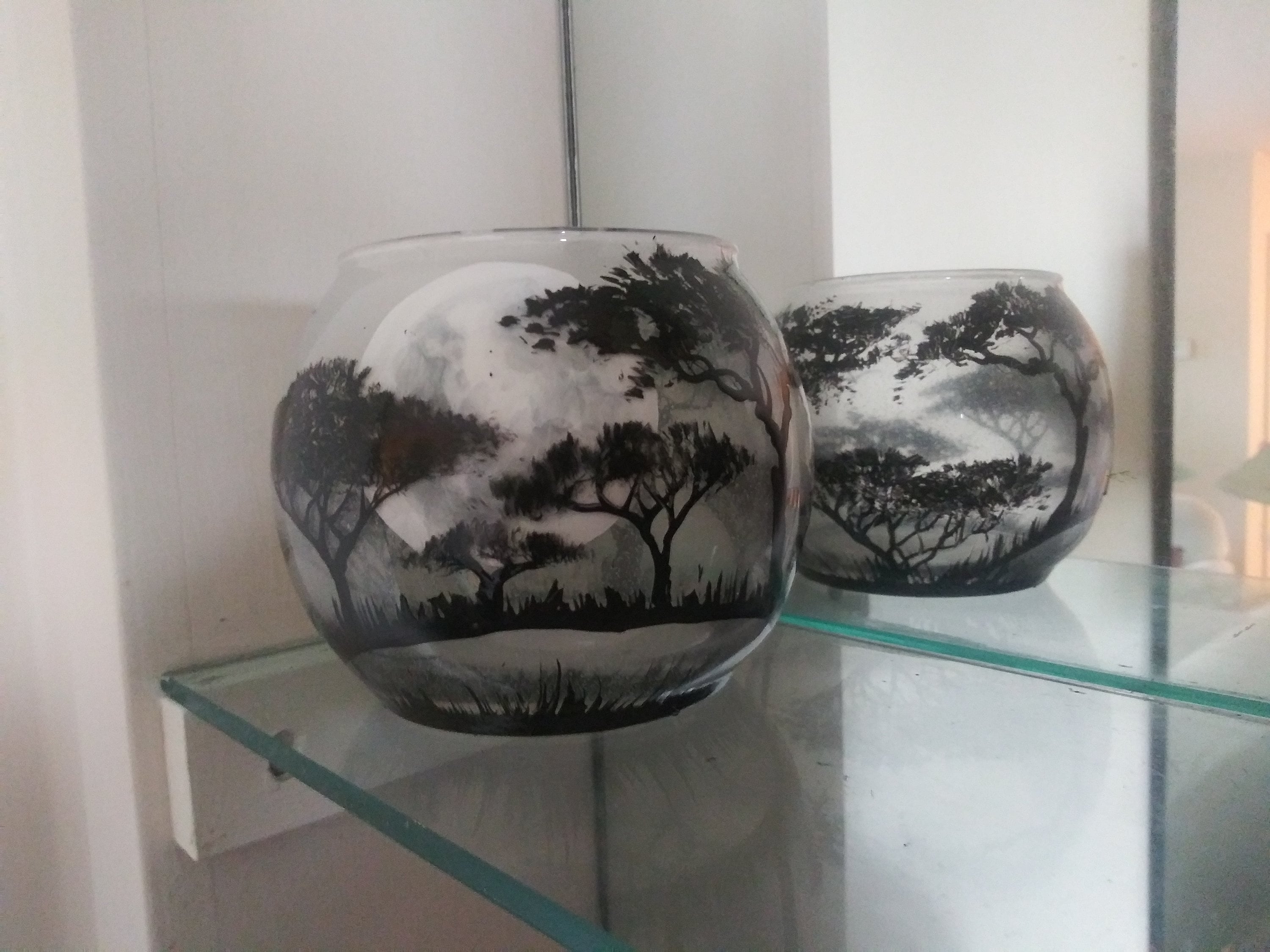 Savannah landscape trees and moon hand painted candle holder