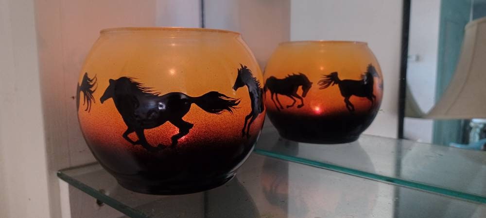 Running horses hand painted candle holder sunset color - Thumbnail 5