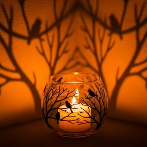 Hand‑Painted Black Bird Candle Holder – Tea Light Glass Bowl, Silhouette on Branch, Unique Nature Gift
