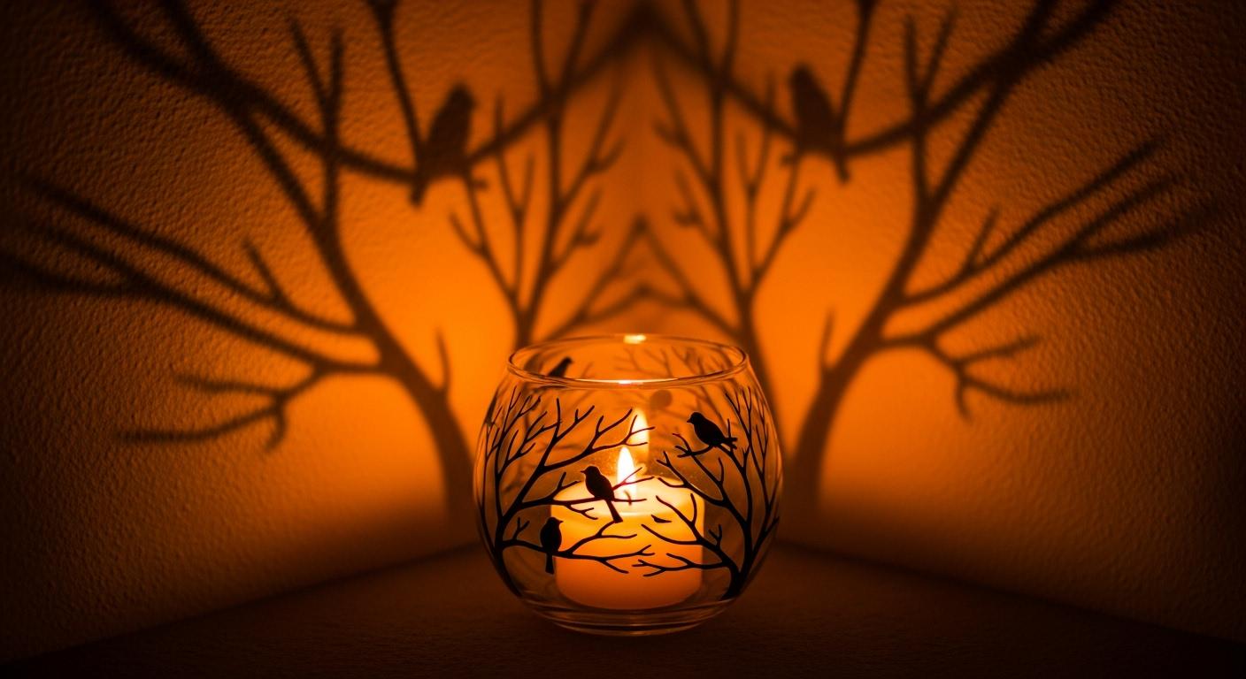 Handpainted Bird Tea Light Holder: Black Branch Glass Bowl (4x4")