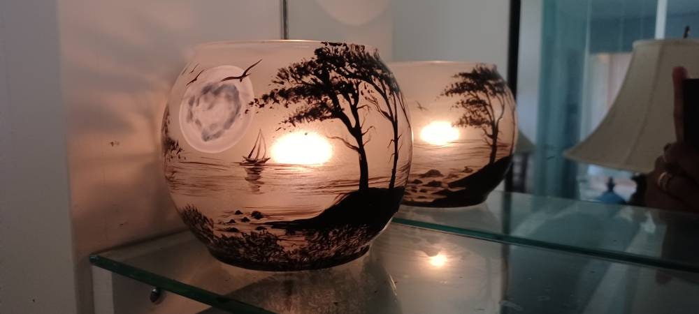 Beach and Monterey cyprus trees hand painted candle holder 4"x5" - Thumbnail 6
