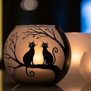 Two little cats in branch moon light Halloween and holiday hand painted candle holder size 4x5in