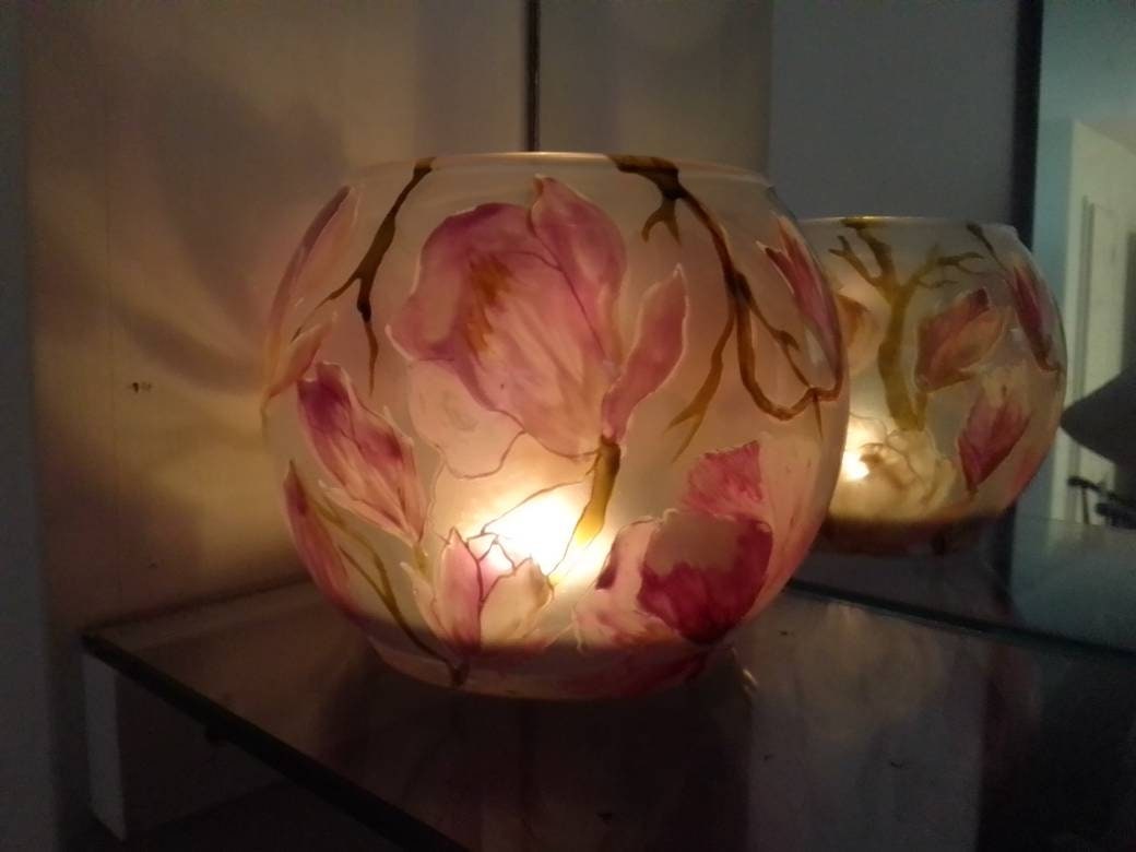 Purple and gold cherry blossom flower hand painted candle holder - Thumbnail 3