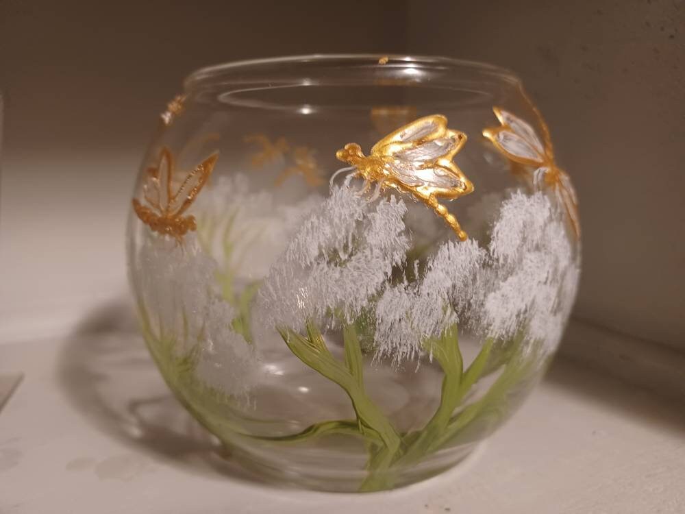 dragonflies with a little foliage hand painted candle holder glass 4x5" - Thumbnail 6