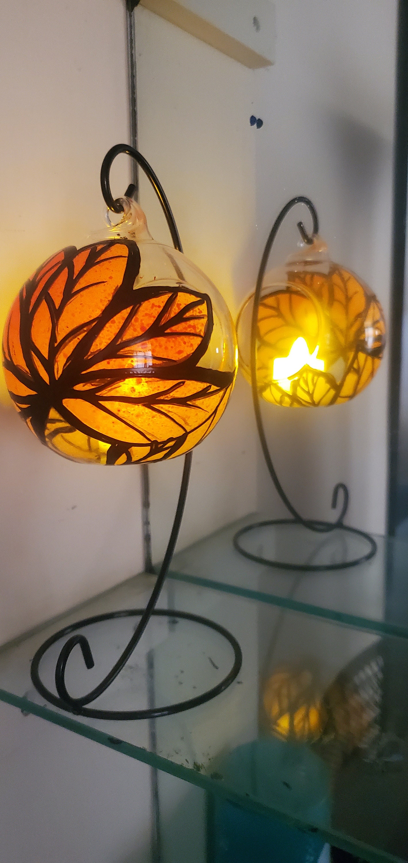 Orange leave fall hand painted candle holder - Thumbnail 3