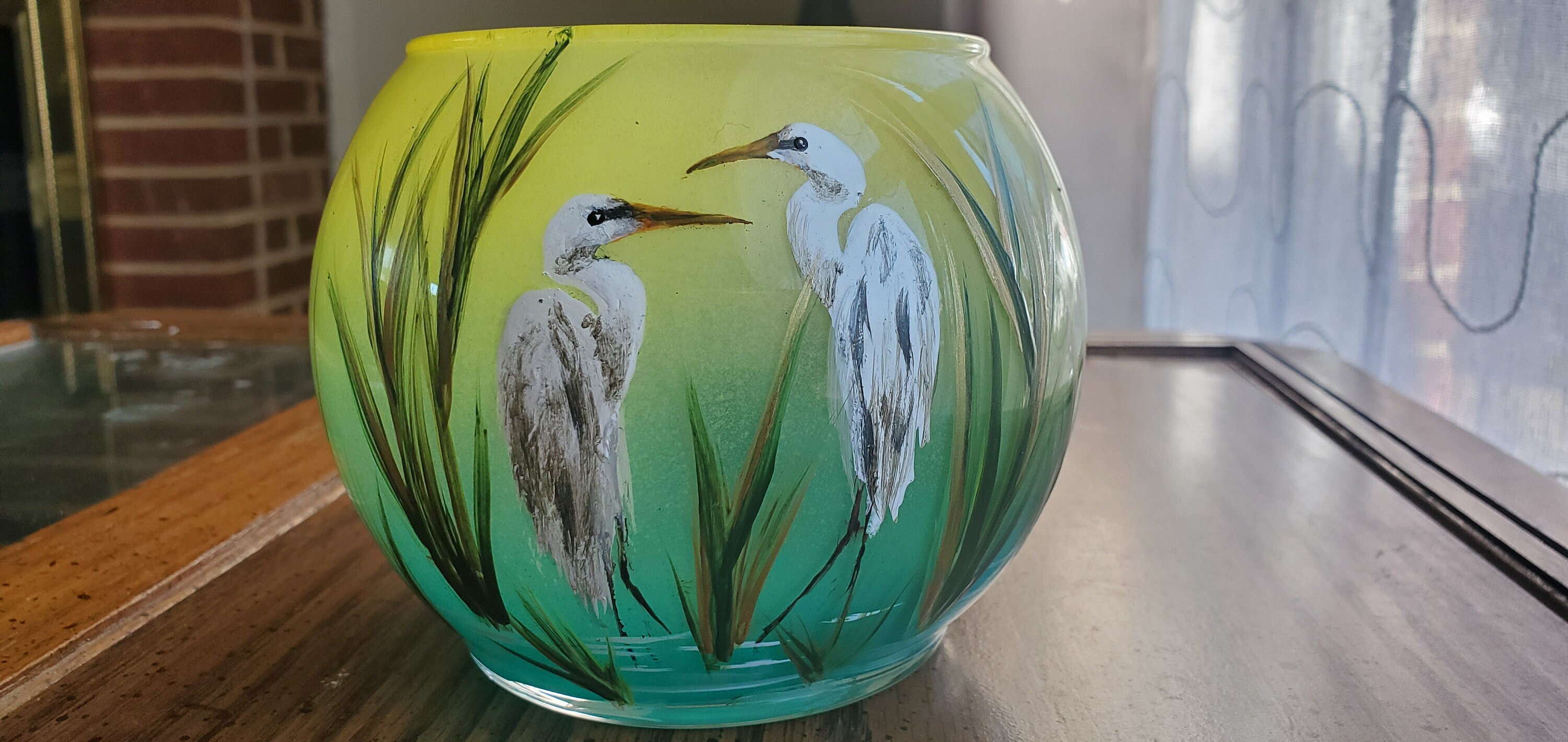 Egret bird in pond hand painted candle holder in glass bowl - Thumbnail 4