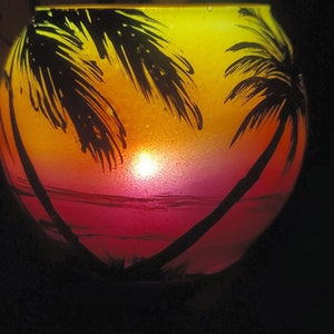 Sunset color beach hand painted candle holder, palm trees