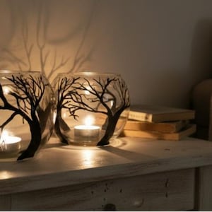 Hand Painted Tree Glass Candle Holder Vase - Black Silhouette