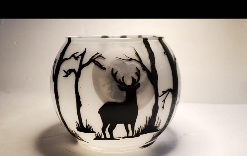 Hand‑Painted Glass Candle Holder “Deer in the Woods” – Rustic Nature Votive Bowl - Thumbnail 2