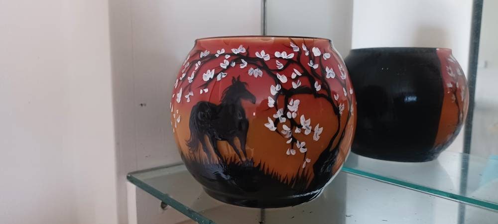 Horse and white cherry blossom tree with sunset hand painted candle holder - Thumbnail 6