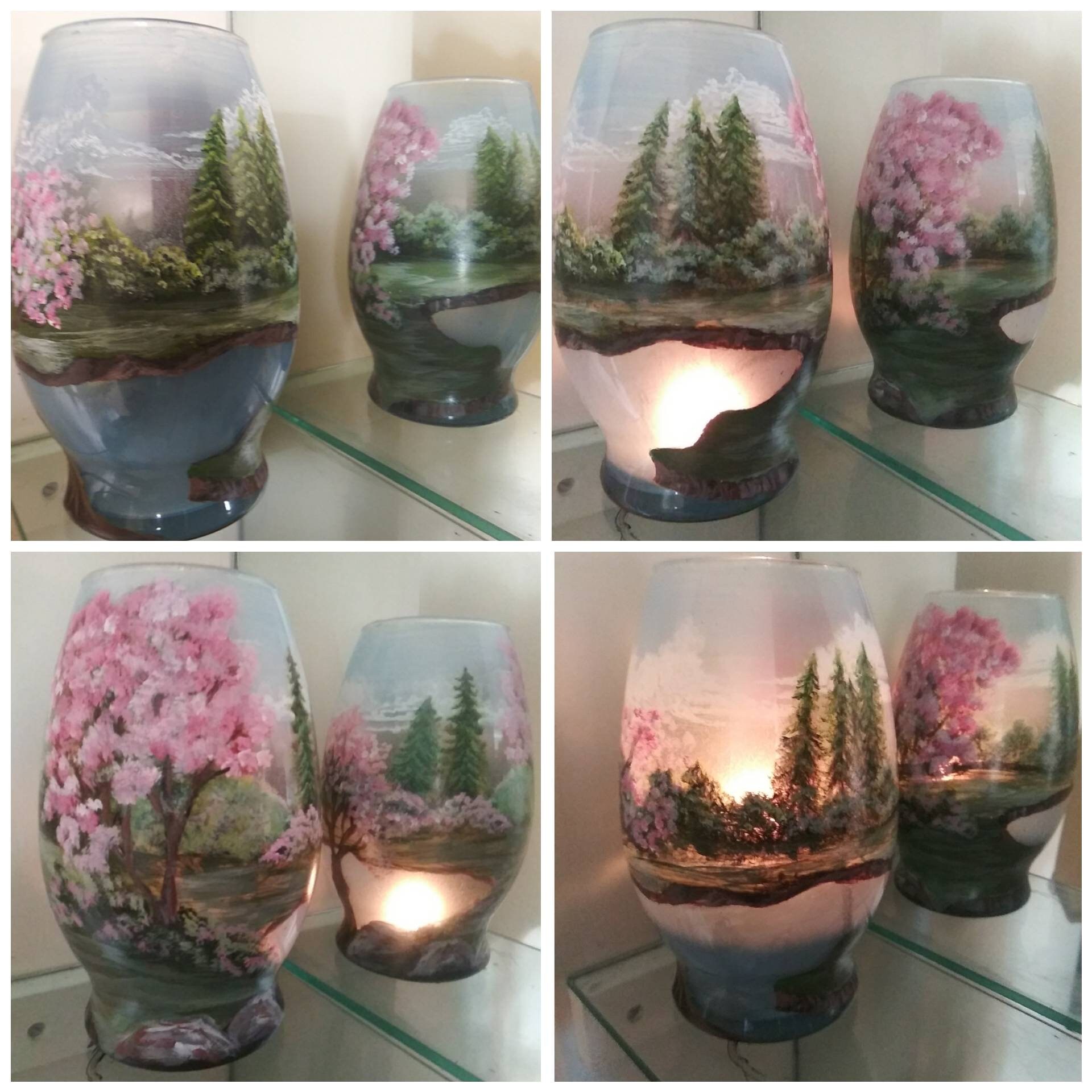Glass Art Vase Candle Holder: Lake & Cherry Blossom Landscape - Thumbnail 3