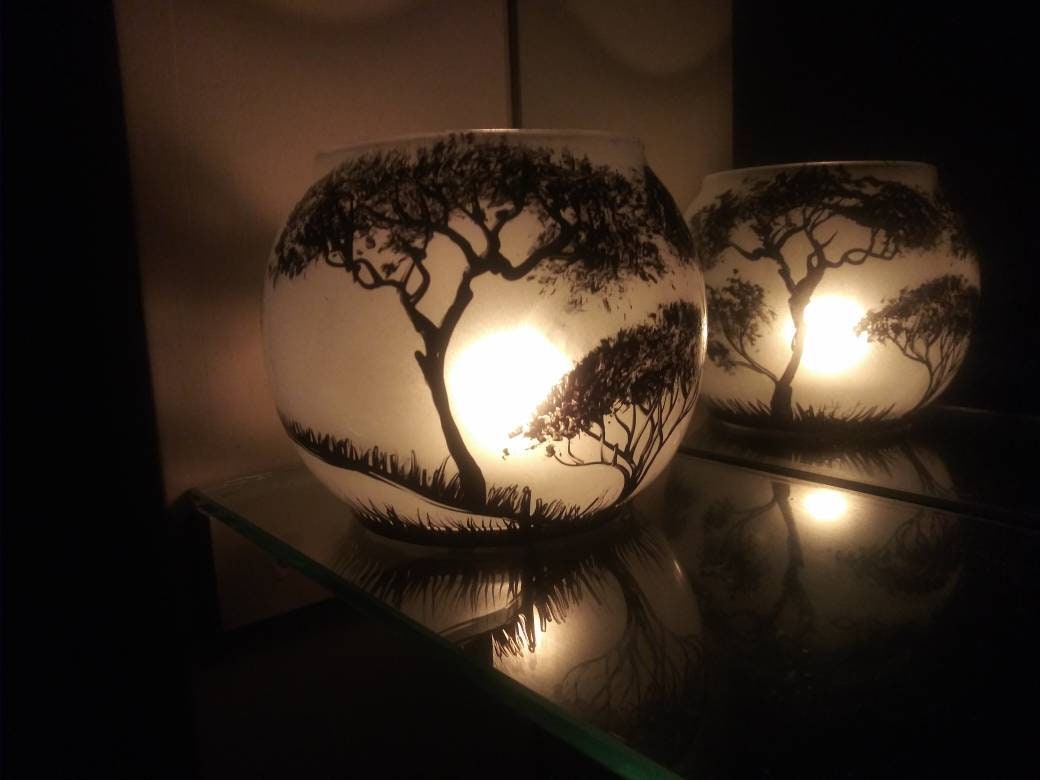 Savannah landscape trees and moon hand painted candle holder - Thumbnail 6