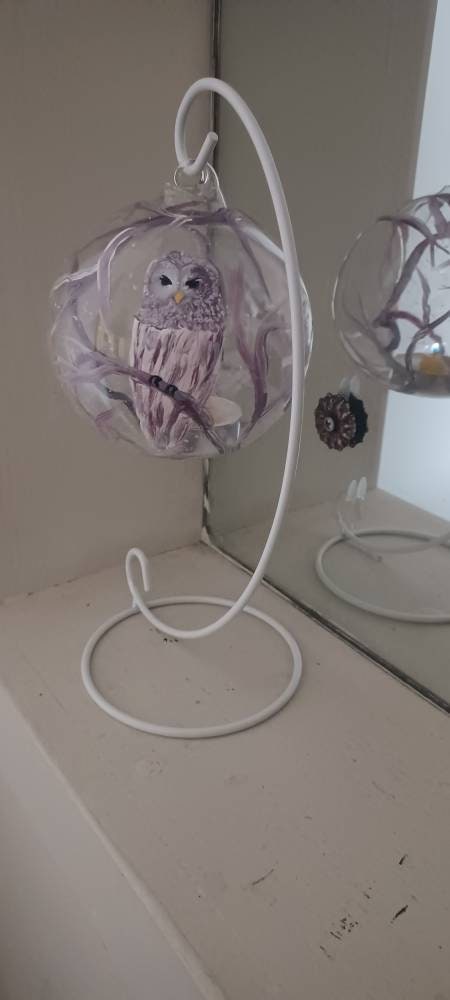 Snow owl snow flex and branch Hand painted candle holder - Thumbnail 3