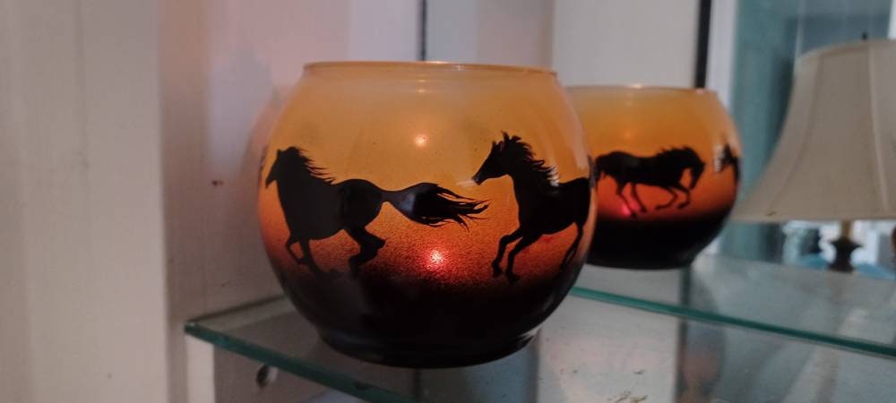 Running horses hand painted candle holder sunset color - Thumbnail 4