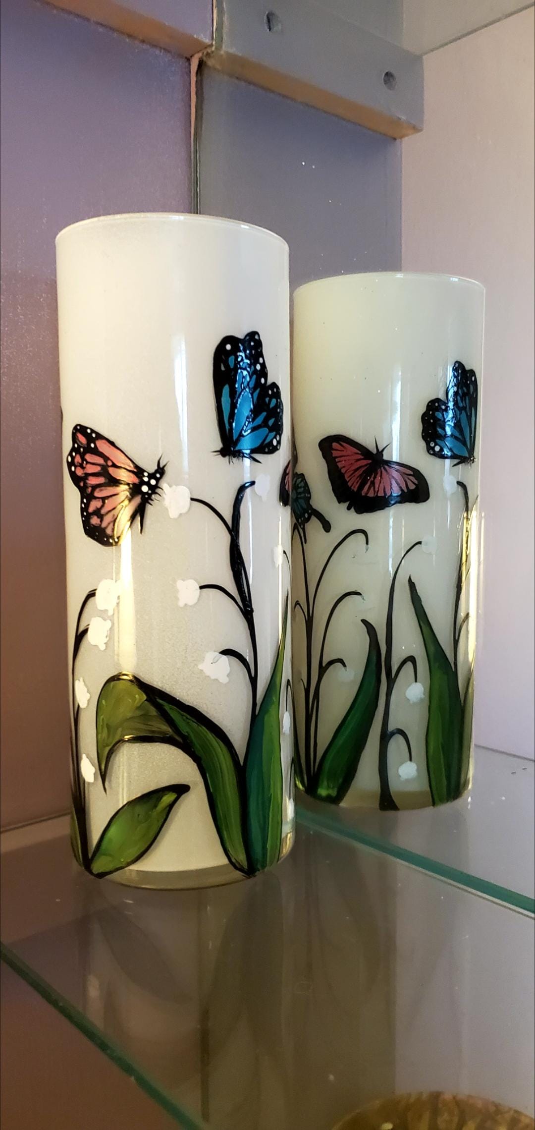 Hand Painted Butterfly & Lily of the Valley Glass Candle Holder (3x9") - Thumbnail 2