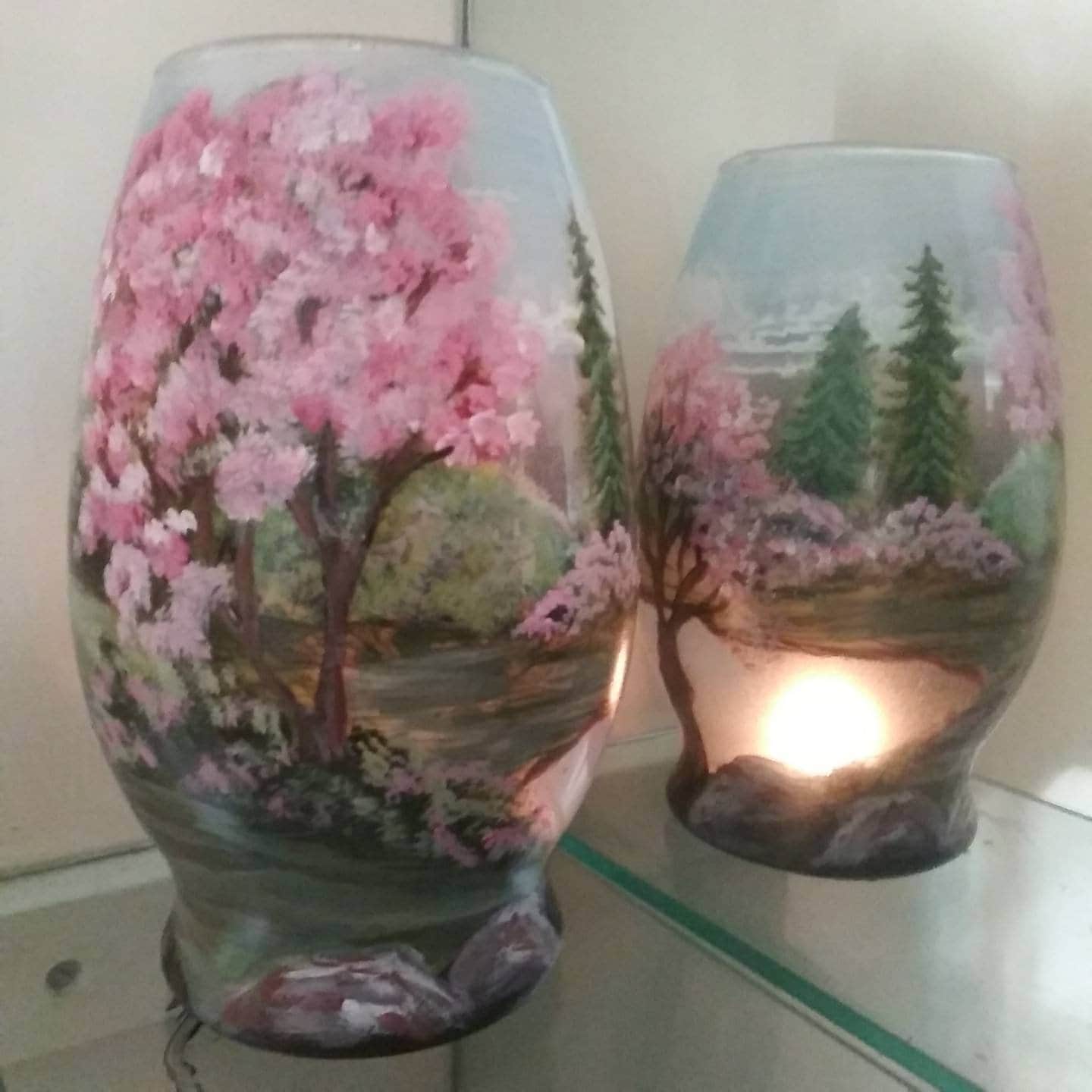 Glass Art Vase Candle Holder: Lake & Cherry Blossom Landscape - Thumbnail 2