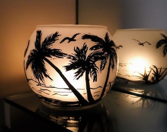 Hand Painted Beach Palm Glass Candle Holder: Art Vase (4x4)