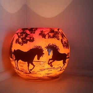 Two horses hand painted  candle holder sunset light