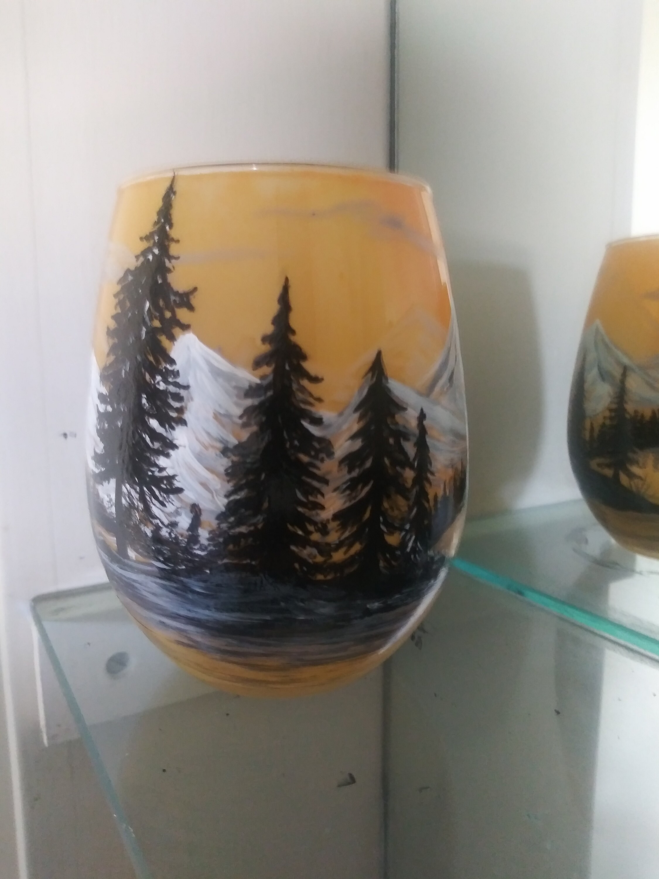 Hand Painted Mountain Lake Sunset Glass Candle Holder - Thumbnail 4