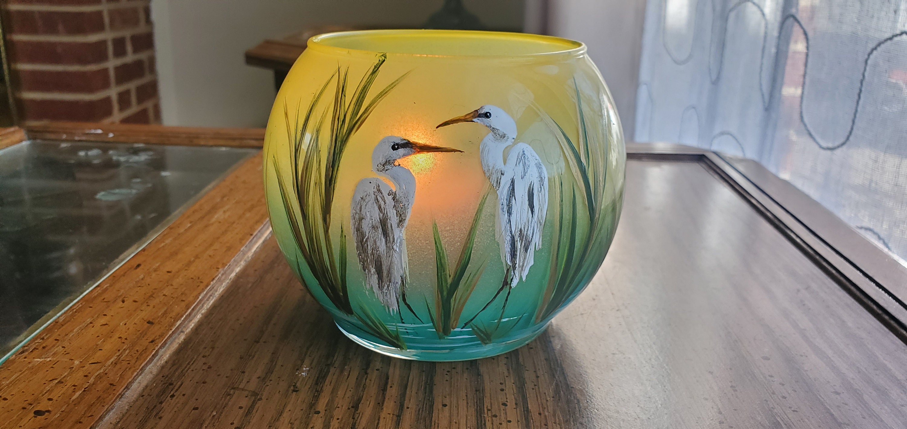 Egret bird in pond hand painted candle holder in glass bowl - Thumbnail 3