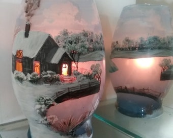 Snow winter house and lake in glass gift candle holder unique hand painted art look sunset