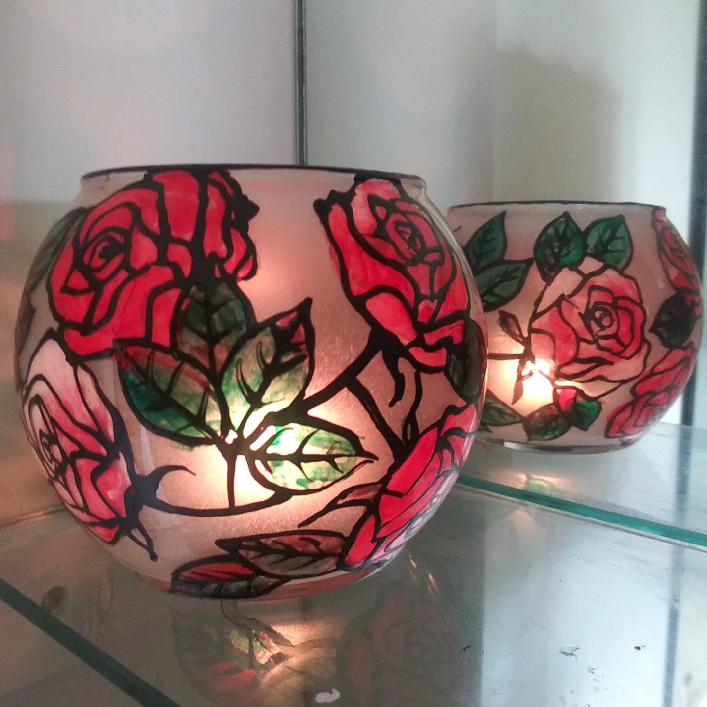 Hand Painted Red Rose Candle Holder: Tea Light & Dinner Light (4x4") - Thumbnail 3