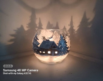 Winter house and trees shadow hand painted candle holder holiday gift