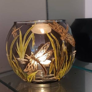 Gold dragonfly in a pond handpainted candle holder