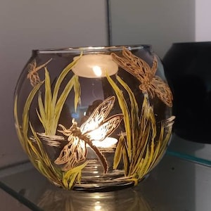 Gold dragonfly in a pond handpainted candle holder