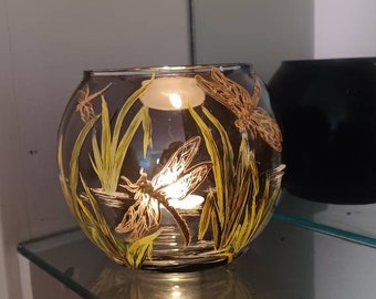 Gold dragonfly in a pond handpainted candle holder