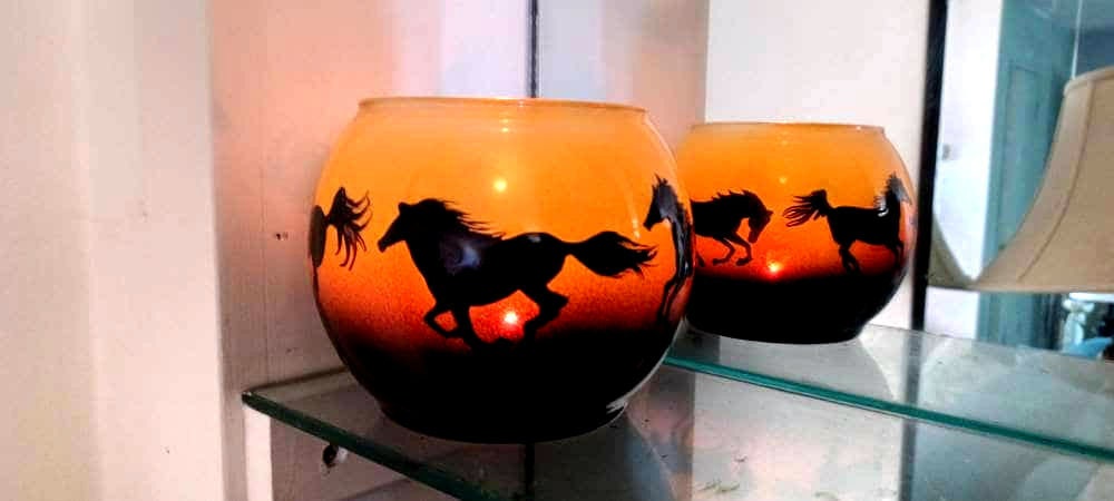 Running horses hand painted candle holder sunset color