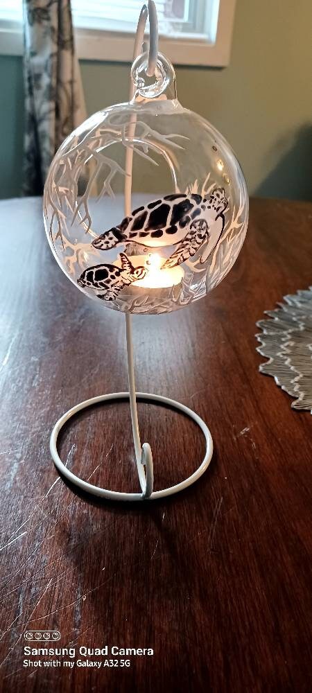 Sea turtle and coral reef under the sea  hand painted  hanging candle holder - Thumbnail 2